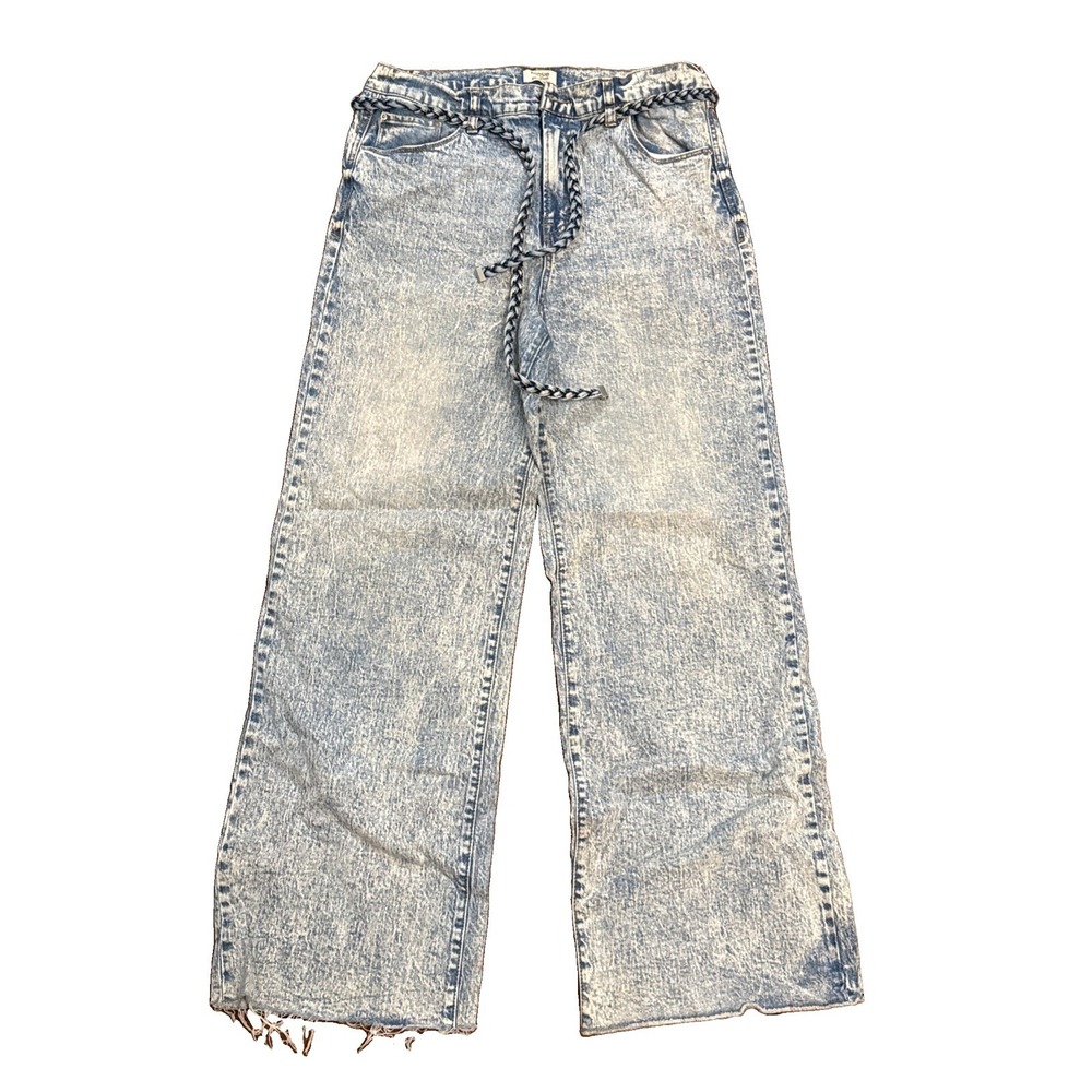 Acid Wash Wide Leg Jeans 12/31 Ultra High Rise Braided Belt Raw Hem Kensie